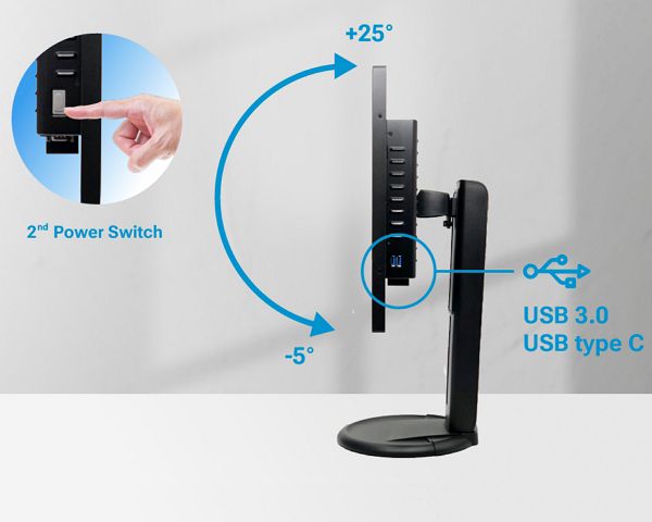 Soporte ajustable en altura con botón de encendido adicional para monitor.