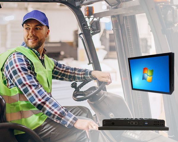 Forklift-mounted touch panel PC with anti-vibration and shock-proof design.