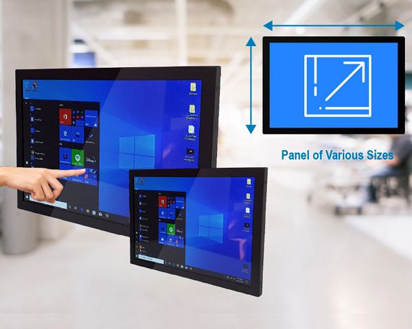 Touch screen monitor with resistive touch or capacitive multi-touch panel.